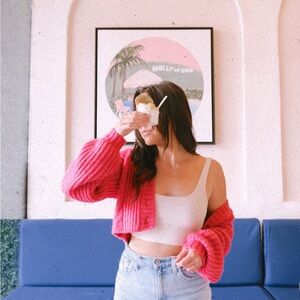 Chunky Knit Magenta Cropped Cardigan